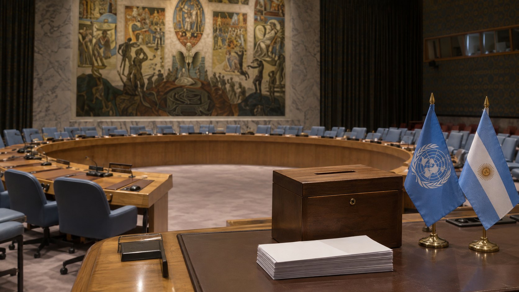 Ilustración editorial generada con IA: el salón del Consejo de Seguridad de la ONU con su mesa en herradura, papeletas de votación en blanco y banderas de la ONU y de la Argentina en primer plano; composición representativa, no es una fotografía del sondeo.