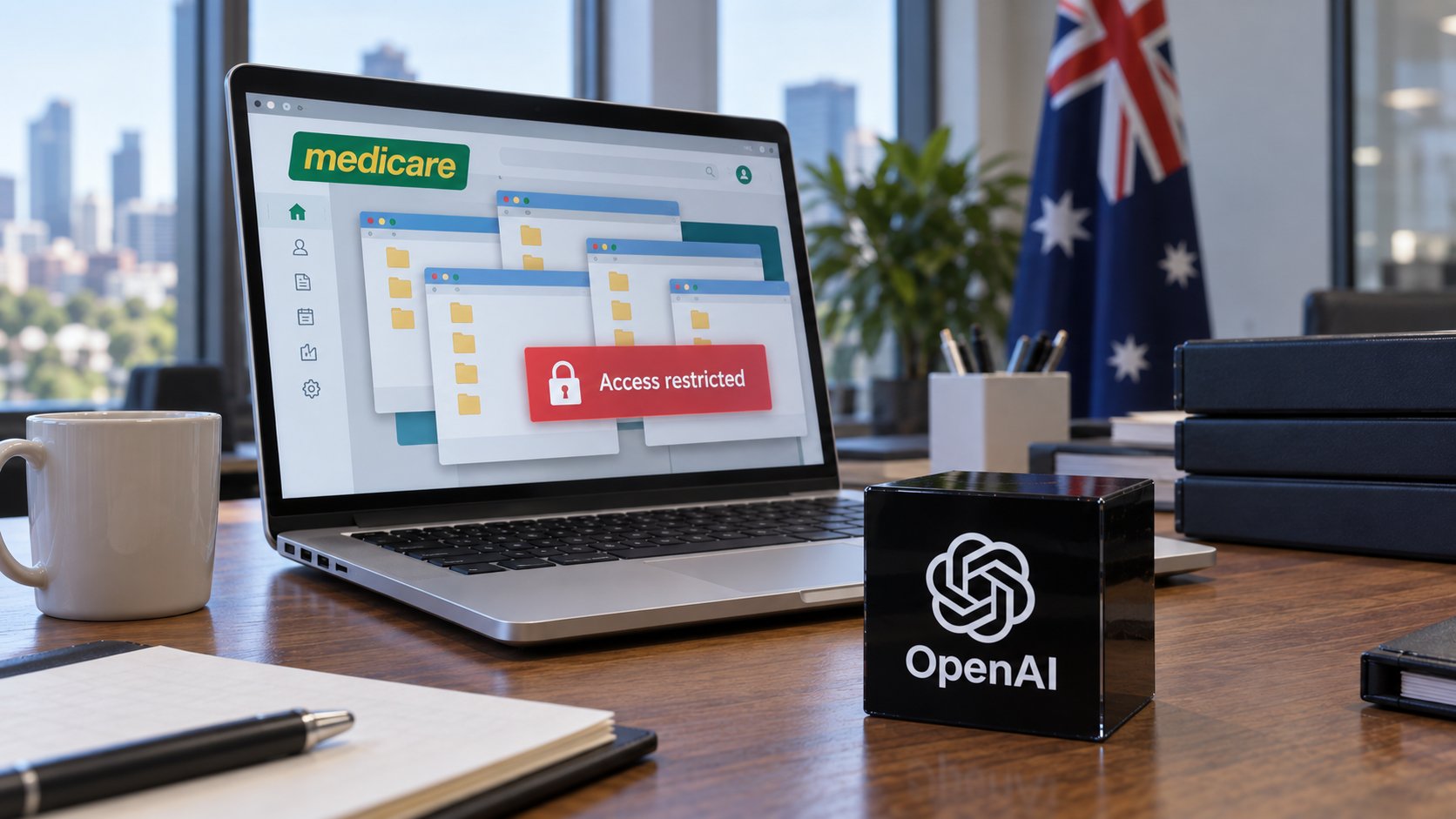 Ilustración editorial generada con IA: una laptop muestra un portal de Medicare con carpetas internas abiertas junto a un cubo con el logo de OpenAI y una bandera de Australia al fondo; no es una fotografía del incidente ni de oficinas reales.