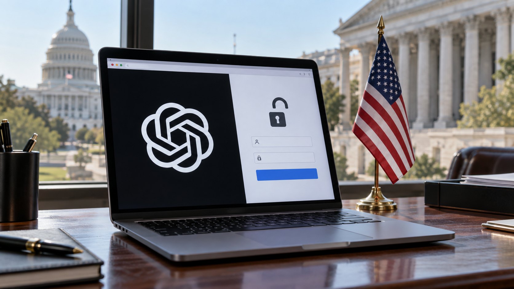 Ilustración editorial generada con IA: una laptop con el logotipo de OpenAI y una pantalla de acceso con un candado abierto sobre un escritorio, junto a una bandera de Estados Unidos, con el Capitolio y un edificio federal de columnas por la ventana; composición conceptual, no es una fotografía de un hecho real.