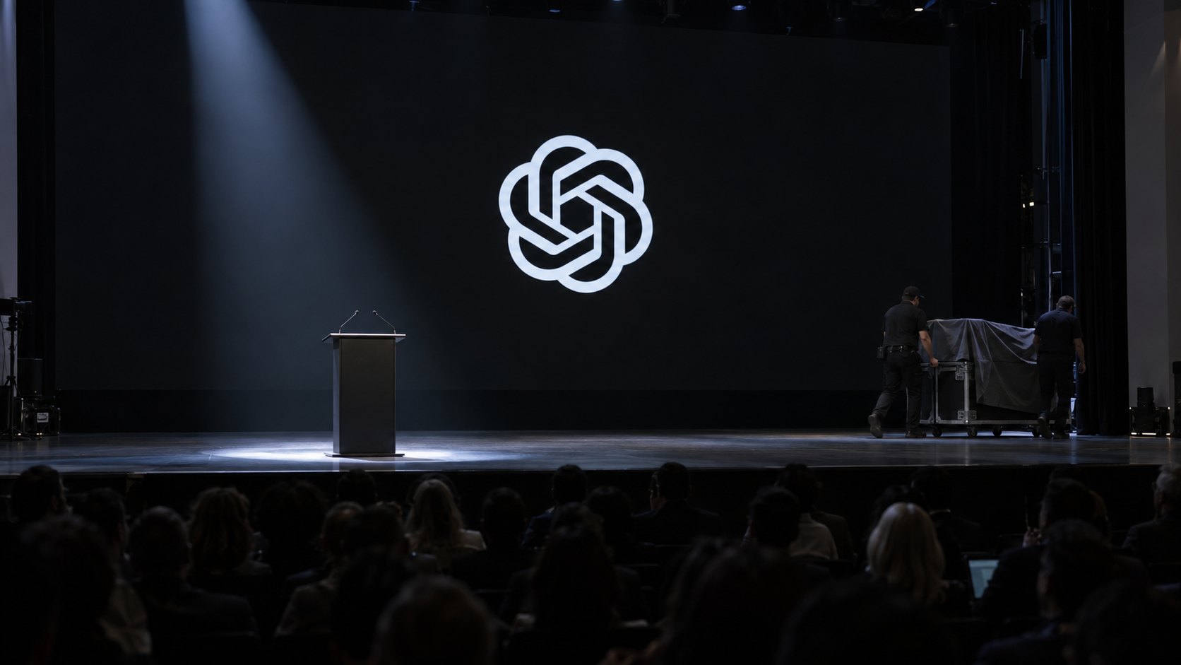 Ilustración editorial generada con IA: escenario de una conferencia en penumbra con el logo de OpenAI en una pantalla gigante, un atril vacío iluminado y dos técnicos que retiran una caja tapada con una lona; composición conceptual, no es una fotografía del DevDay ni de un hecho real.
