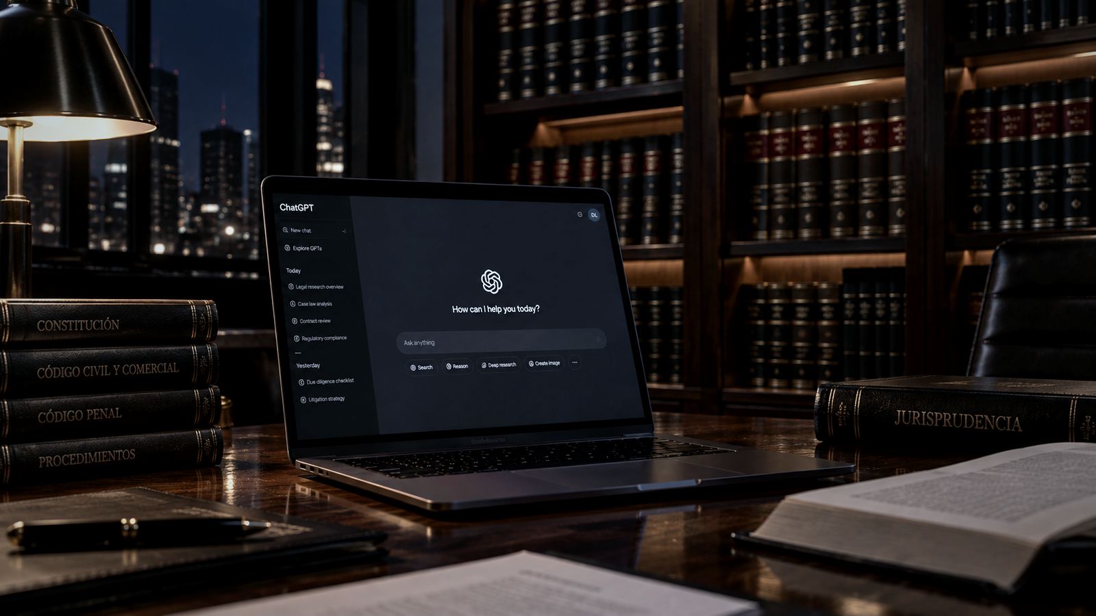 Biblioteca de un estudio jurídico por la noche, con estantes de tomos de jurisprudencia encuadernados y una laptop encendida sobre un escritorio de madera