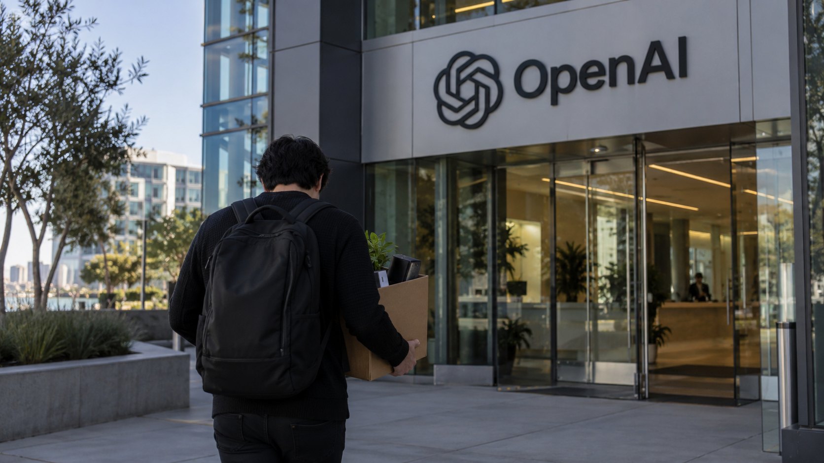 Ilustración editorial generada con IA: la sede de OpenAI en San Francisco, con su logo, y un empleado que sale con una caja de pertenencias; composición conceptual, no es una fotografía de un hecho real.
