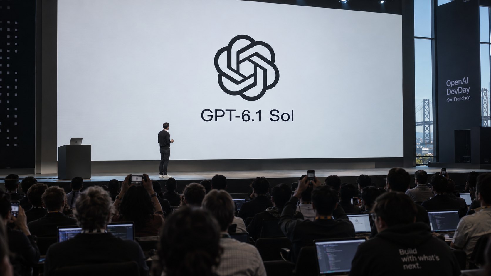 Ilustración editorial generada con IA: el escenario de una conferencia de desarrolladores de OpenAI visto desde el público, con el logo de OpenAI y la leyenda GPT-6.1 Sol en la pantalla gigante y asistentes con laptops en primer plano; no es una fotografía del DevDay 2026.