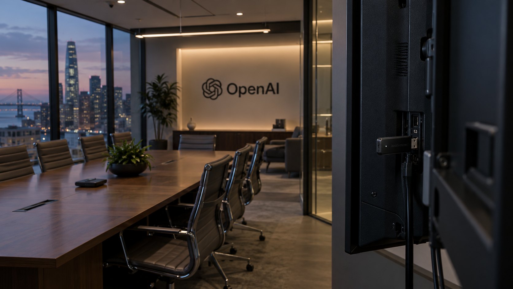 Ilustración editorial generada con IA: una sala de conferencias ejecutiva vacía de OpenAI al anochecer, con el logo de la compañía en la pared y, en primer plano, un pequeño dispositivo conectado a un puerto USB en la parte trasera de un televisor; composición conceptual, no es una fotografía de la oficina ni del dispositivo real.