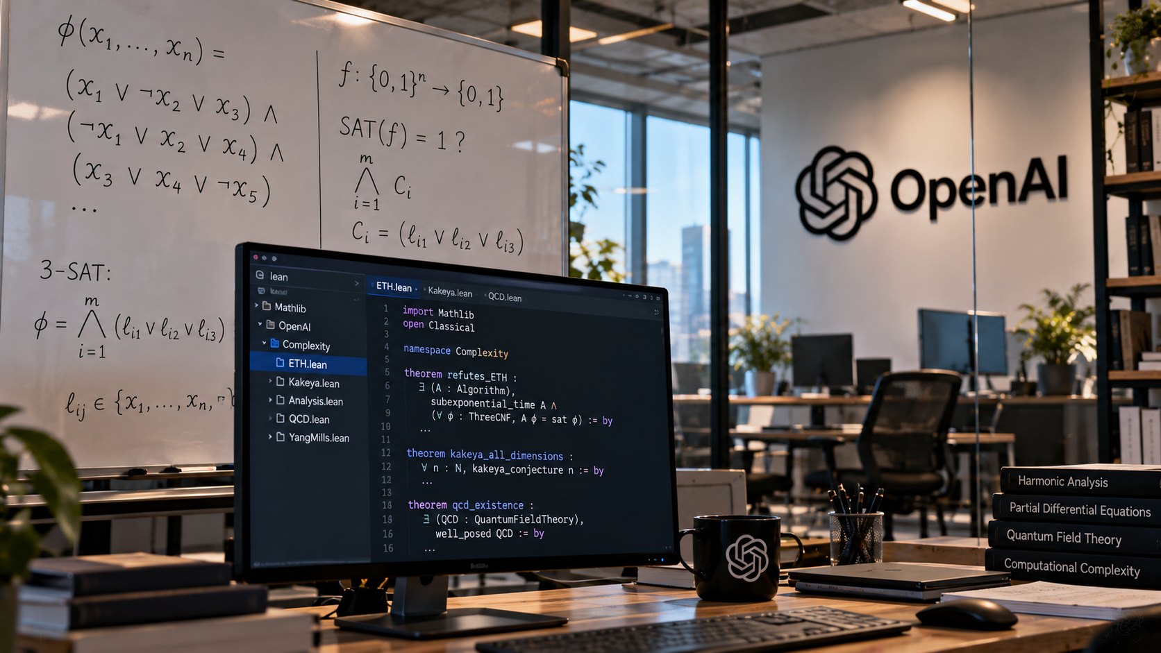 Ilustración editorial generada con IA: una oficina con el logo de OpenAI en la pared, un pizarrón con fórmulas booleanas 3-SAT y un monitor con un archivo de demostración en Lean; composición conceptual, no es una fotografía de OpenAI ni de las pruebas reales.