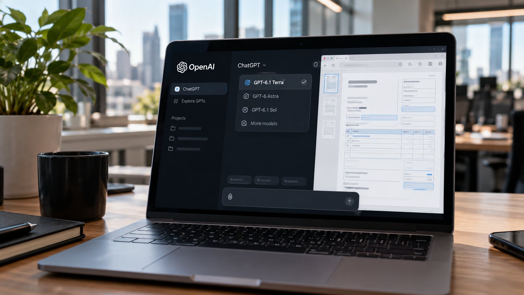 Ilustración editorial generada con IA: una laptop en un escritorio de oficina con ChatGPT abierto, el logo de OpenAI y el selector de modelos con GPT-6.1 Terra marcado junto a un formulario en pantalla; composición conceptual, no es una captura oficial de OpenAI.
