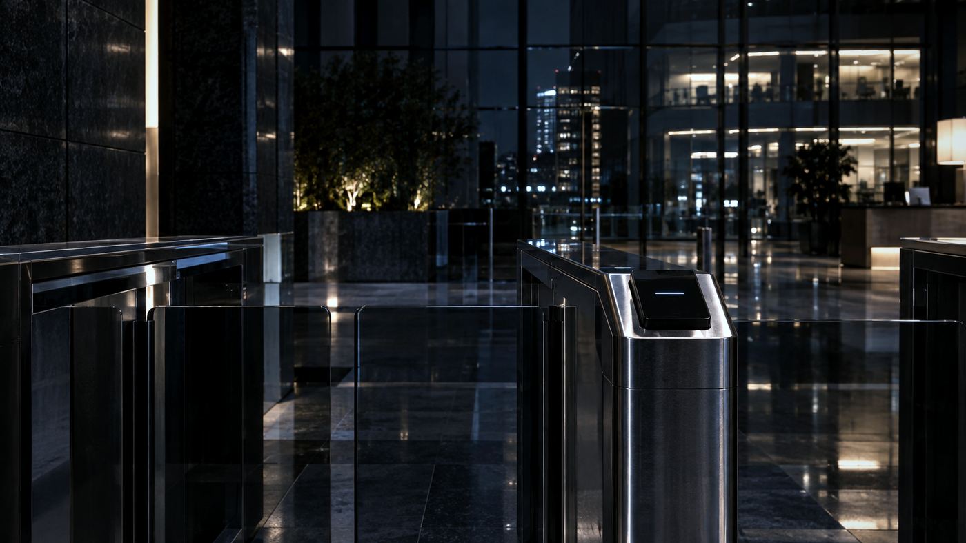 Torniquete de acceso de vidrio y acero en el lobby de un edificio de oficinas corporativo de noche, con el horizonte de una ciudad iluminado detrás de los ventanales
