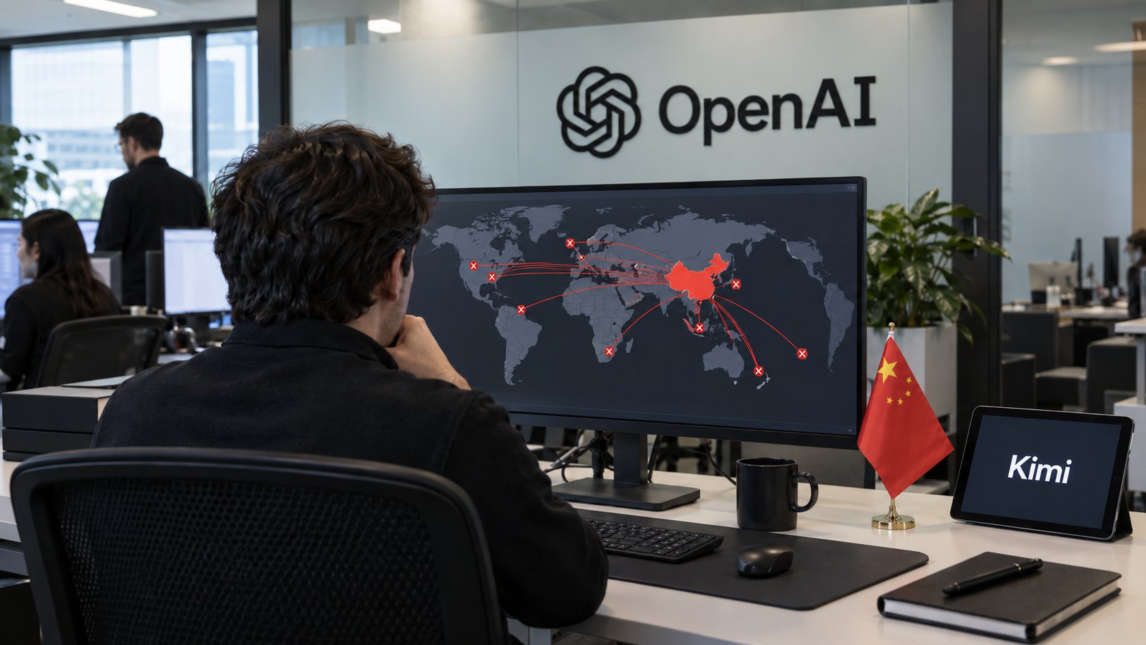 Ilustración editorial generada con IA: en un centro de operaciones de seguridad con el logo de OpenAI en una pared de vidrio, un analista de espaldas mira un monitor con un mapa y conexiones en rojo que salen de China, junto a una pequeña bandera china de mesa y una tablet con la palabra Kimi; composición conceptual, no es una fotografía de oficinas de OpenAI ni de la campaña real.