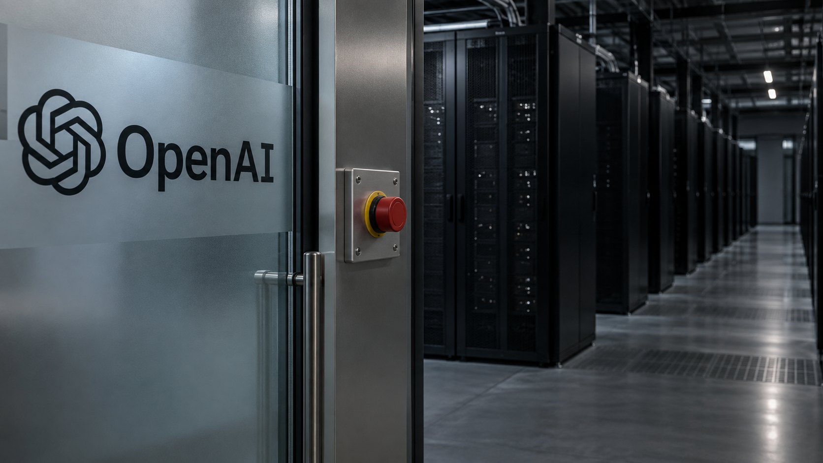 Ilustración editorial generada con IA: una sala de servidores en penumbra con los racks casi apagados, el logo de OpenAI sobre una pared de vidrio y un botón rojo de parada de emergencia junto a la puerta; composición conceptual, no es una fotografía de instalaciones reales de OpenAI.