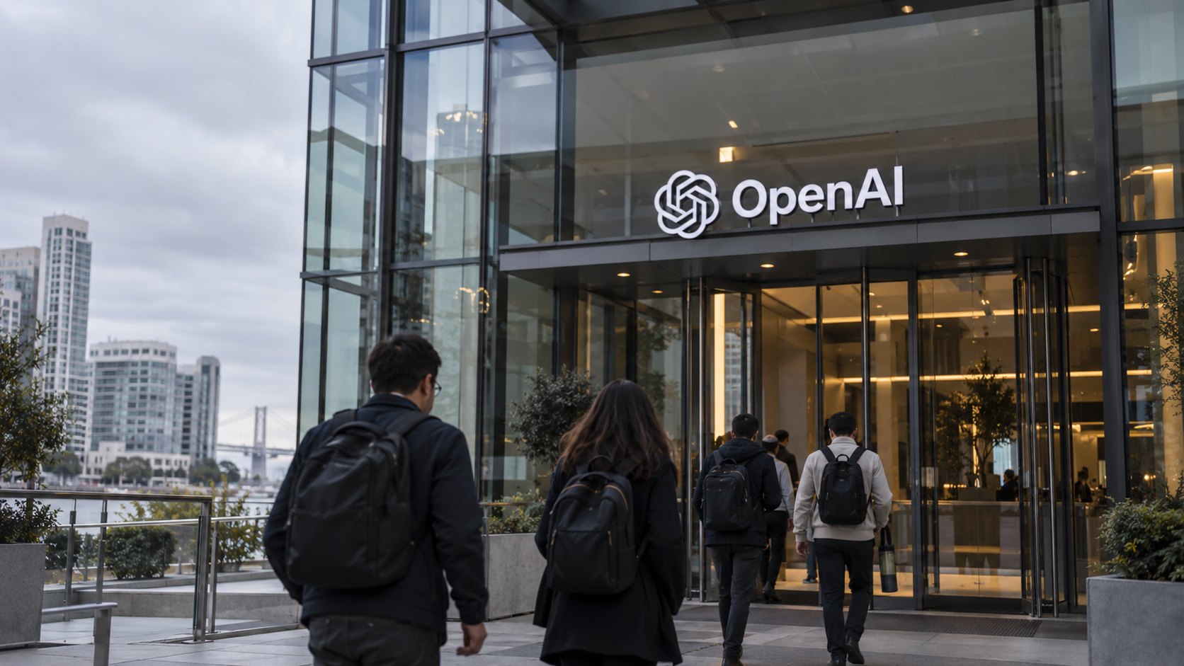 Ilustración editorial generada con IA: la entrada vidriada de un edificio de oficinas con el logo de OpenAI en San Francisco, en una mañana nublada, con empleados de espaldas entrando; composición conceptual, no es una fotografía de la sede real ni de una negociación.