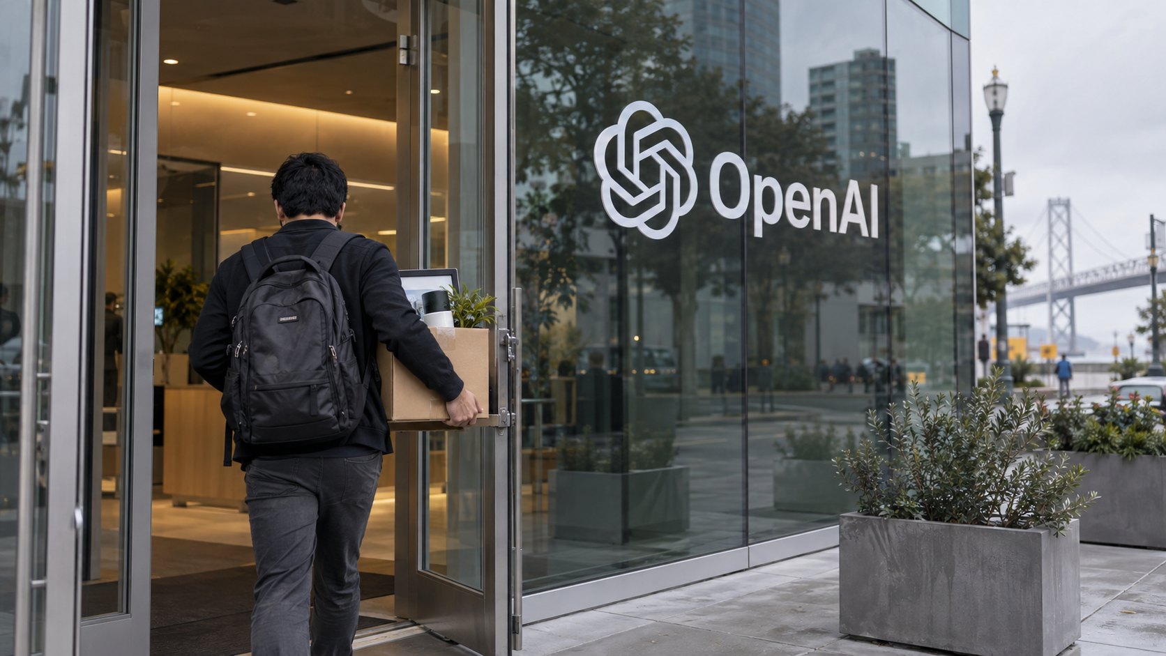 Ilustración editorial generada con IA: un hombre de espaldas, con mochila y una caja de cartón con sus pertenencias, cruza la puerta de vidrio de un edificio de oficinas con el logo de OpenAI en la fachada, en una mañana nublada; composición conceptual, no es una fotografía de David Robinson ni de oficinas reales de OpenAI.