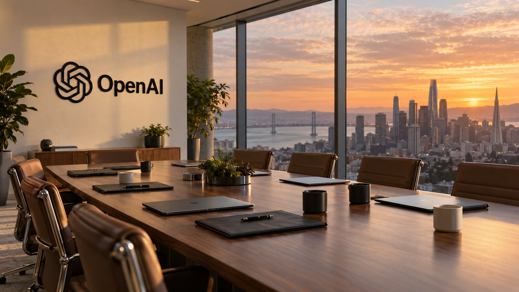 Ilustración editorial generada con IA: una sala de directorio con el logo de OpenAI en la pared, carpetas y laptops cerradas sobre una mesa larga de madera y el skyline de San Francisco al atardecer detrás del ventanal; composición conceptual, no es una fotografía de oficinas de OpenAI ni de una negociación real.