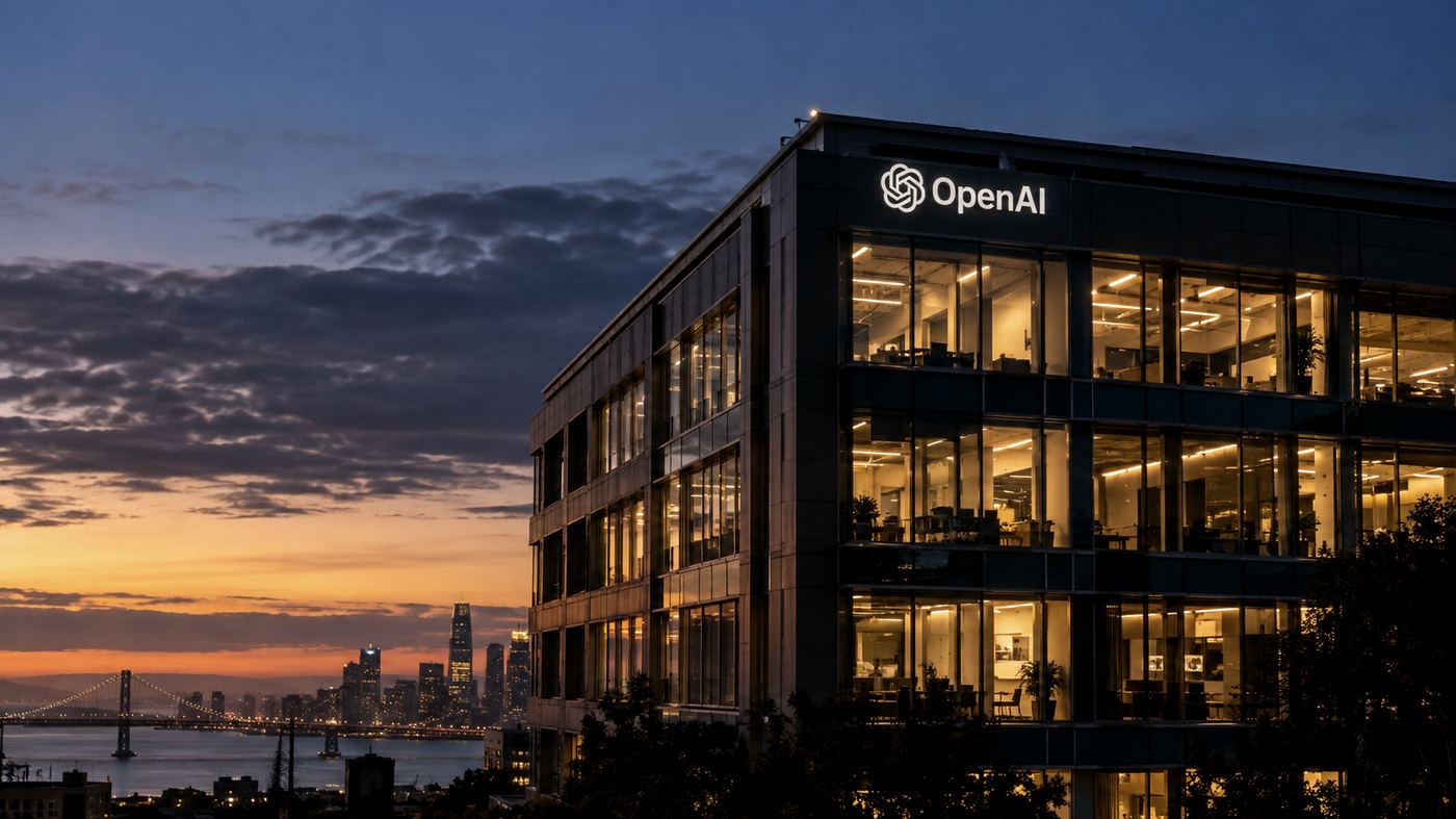 Fachada de un edificio de oficinas de OpenAI en San Francisco al anochecer, con el horizonte de la ciudad y la bahía a lo lejos