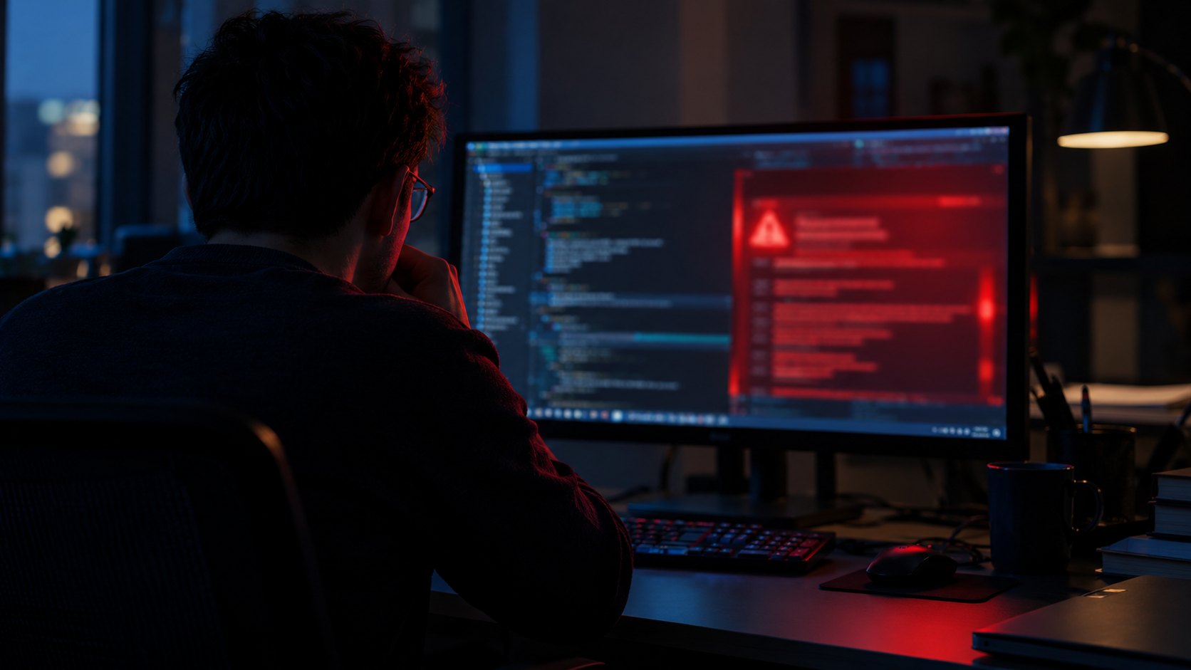 Ilustración editorial generada con IA: un desarrollador de espaldas, de noche en una oficina en penumbra, frente a un monitor con una terminal y un aviso de seguridad rojo; composición conceptual, no es una fotografía de OpenCode ni del incidente.