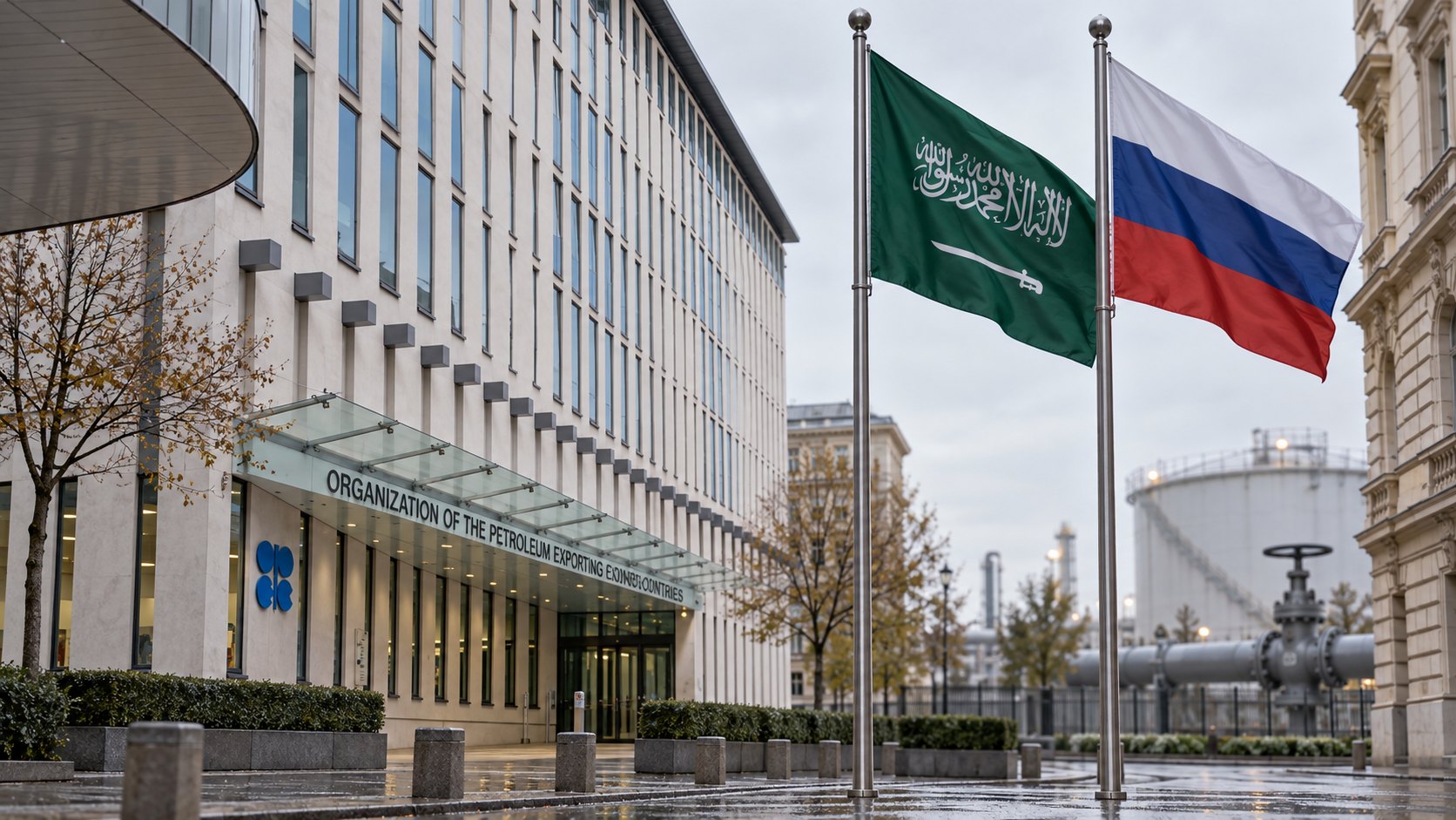 Ilustración editorial generada con IA: la fachada de vidrio y piedra de la sede de la OPEP en Viena, con el logo de la organización sobre la entrada, y en primer plano dos mástiles con las banderas de Arabia Saudita y de Rusia; al fondo, un tanque de almacenamiento de crudo y una válvula de oleoducto; composición conceptual, no es una fotografía documental de la reunión.