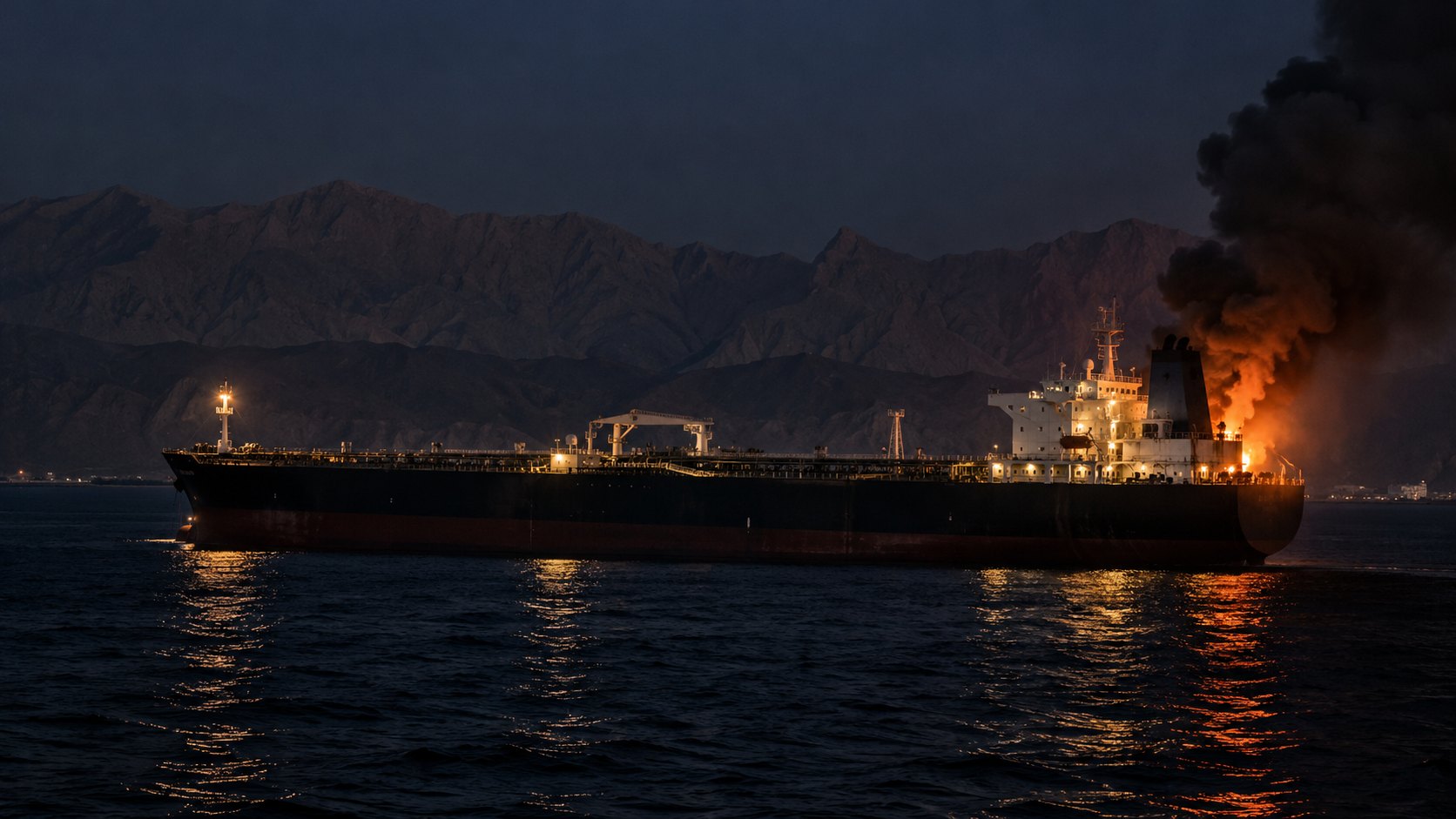 Ilustración editorial generada con IA: un petrolero navega de noche en el estrecho de Ormuz con humo y resplandor de fuego en la popa, frente a las montañas de la península de Musandam; composición conceptual, no es una fotografía del buque ni del ataque real.