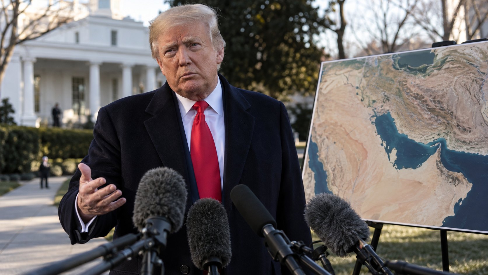 Ilustración editorial generada con IA: Donald Trump, de sobretodo oscuro y corbata roja, responde a periodistas frente a micrófonos en los jardines de la Casa Blanca, junto a un mapa satelital del golfo Pérsico y el estrecho de Ormuz; composición conceptual, no es una fotografía de sus declaraciones del 25 de octubre.