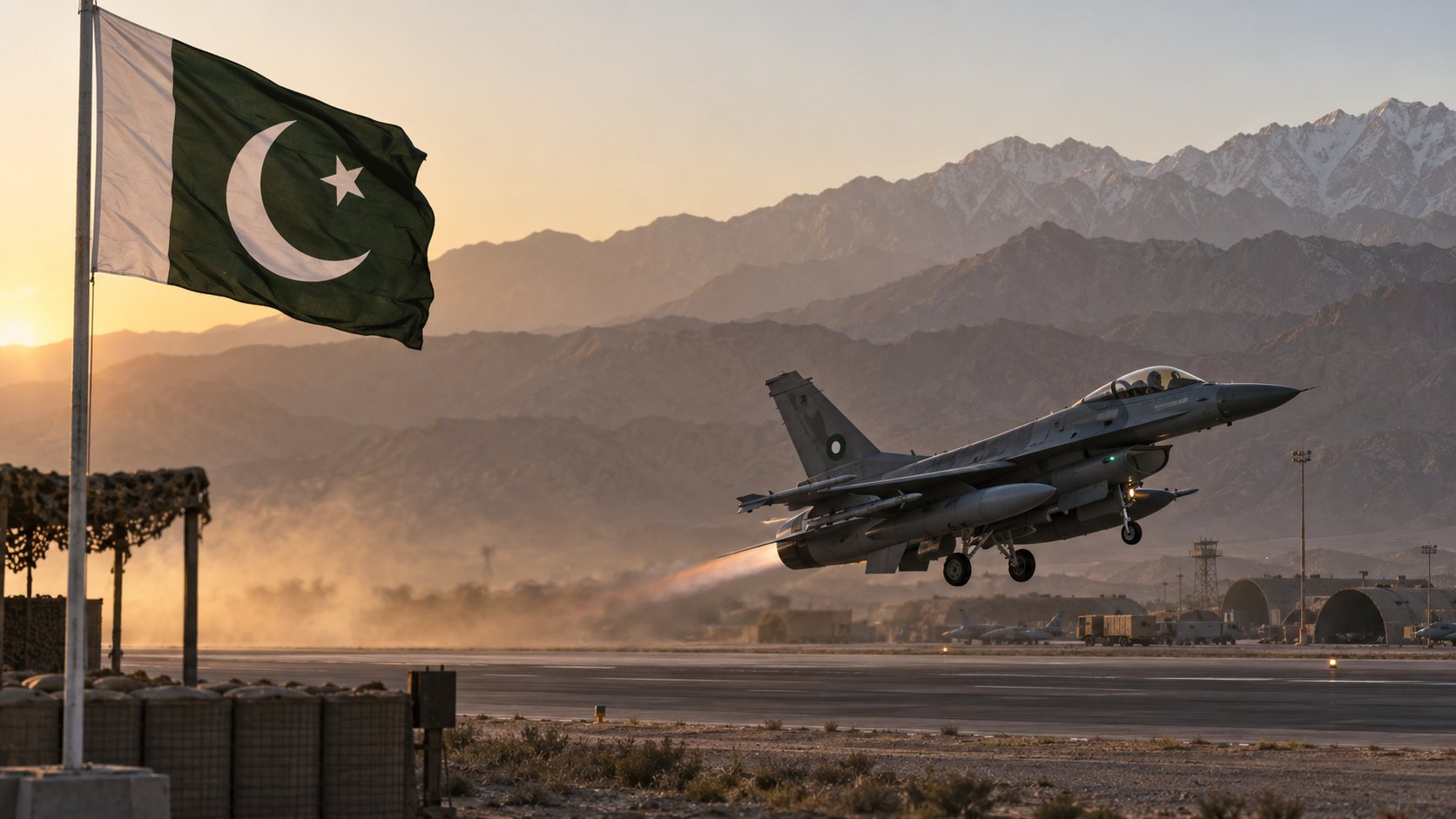 Ilustración editorial generada con IA: un avión de combate con la escarapela de la Fuerza Aérea de Pakistán despega de una pista al amanecer, con montañas áridas al fondo y la bandera de Pakistán en un mástil; composición conceptual, no es una fotografía del ataque ni de una base real.