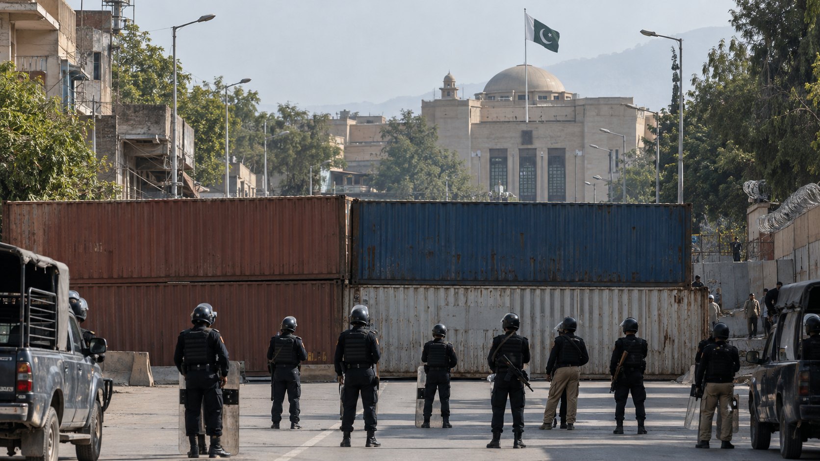 Ilustración editorial generada con IA: policías paquistaníes de uniforme frente a una calle de Peshawar cortada con contenedores de carga apilados, con la bandera de Pakistán en un edificio oficial al fondo; composición conceptual, no es una fotografía del 11 de octubre.