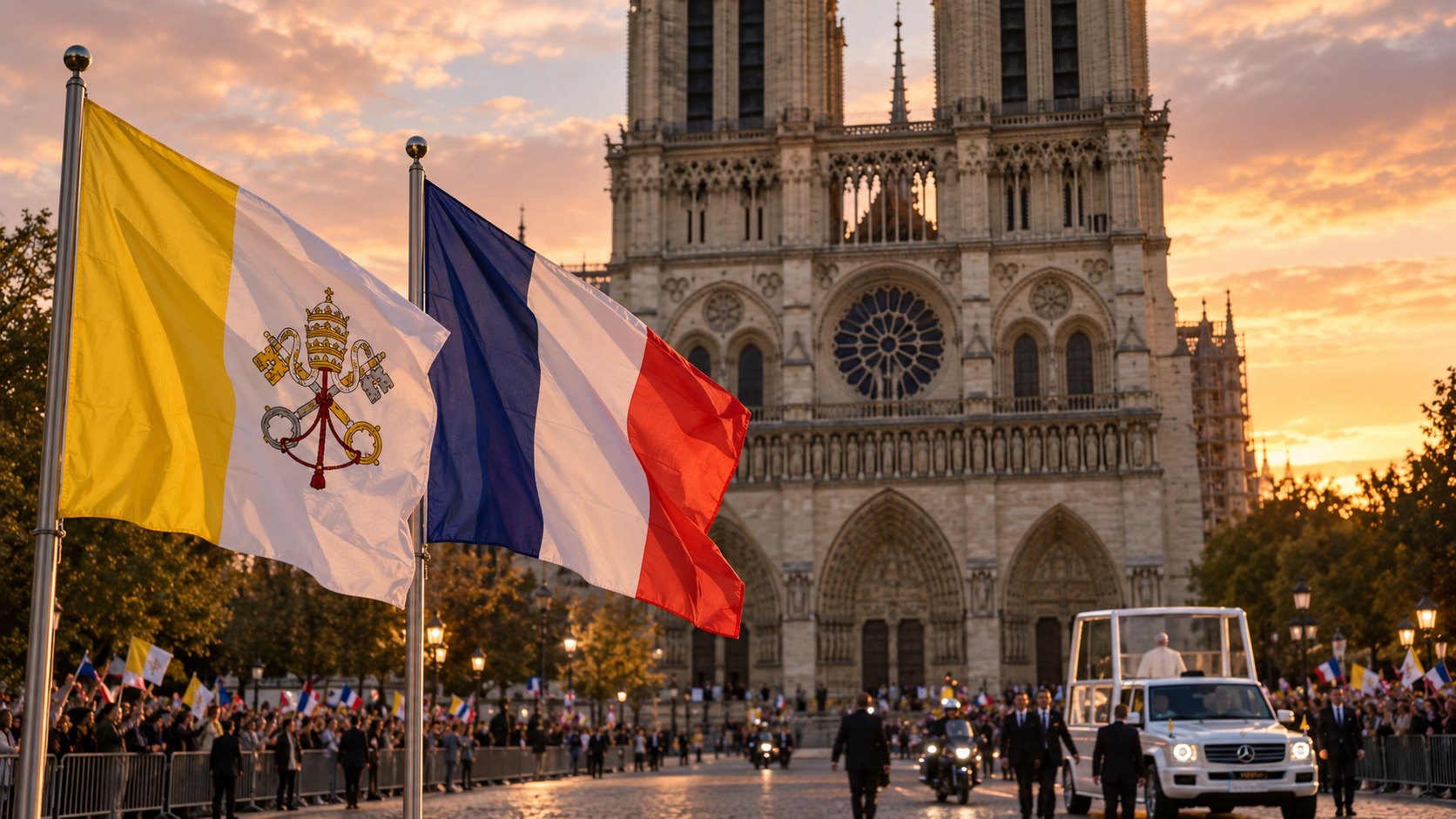 Ilustración editorial generada con IA: banderas del Vaticano y de Francia frente a la catedral de Notre-Dame de París; composición conceptual, no es una fotografía de la visita.