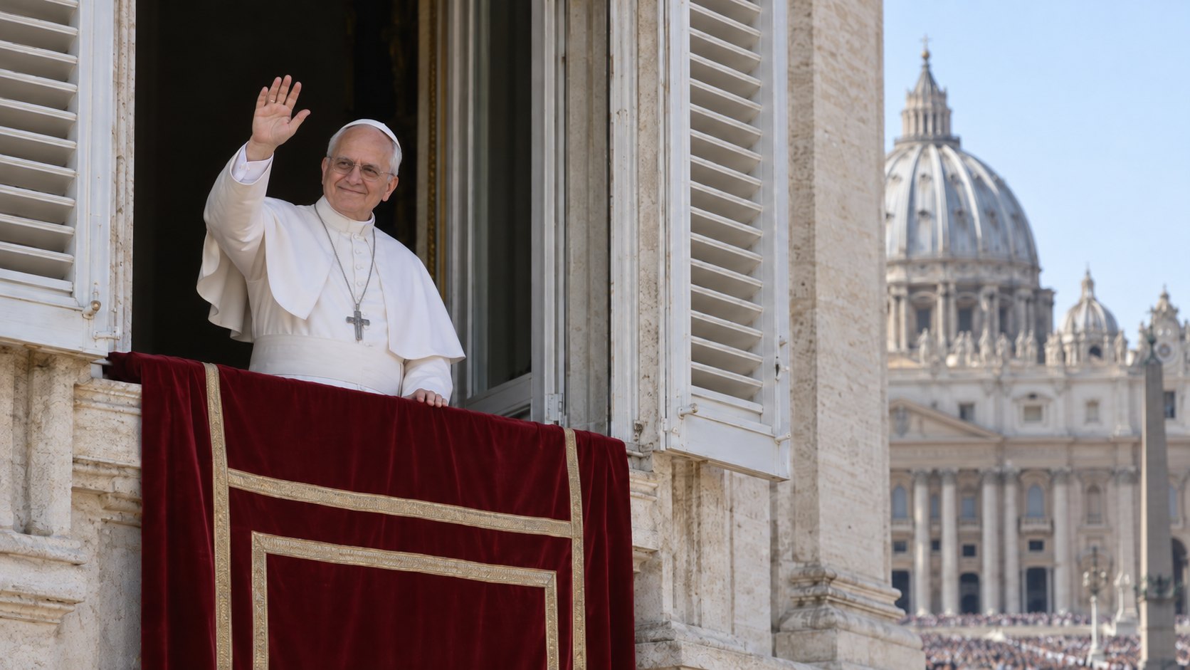 Ilustración editorial generada con IA: el papa León XIV, con sotana y solideo blancos, saluda desde la ventana del Palacio Apostólico durante el Ángelus; no es una fotografía del 11 de octubre.