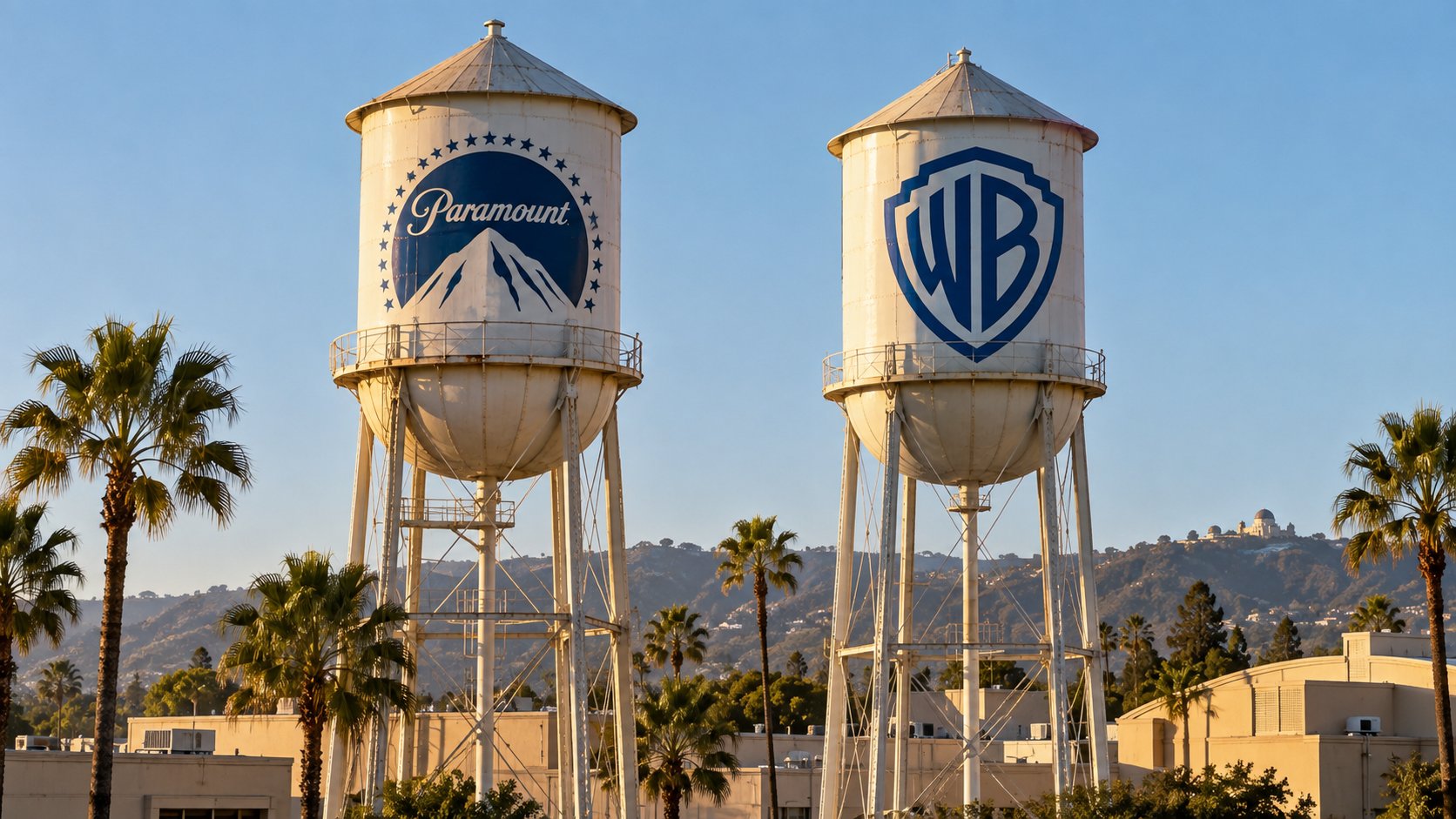 Ilustración editorial generada con IA: torres de agua de estudios de Hollywood con las marcas Paramount y Warner Bros.; escena conceptual, no representa una instalación ni un hecho real.