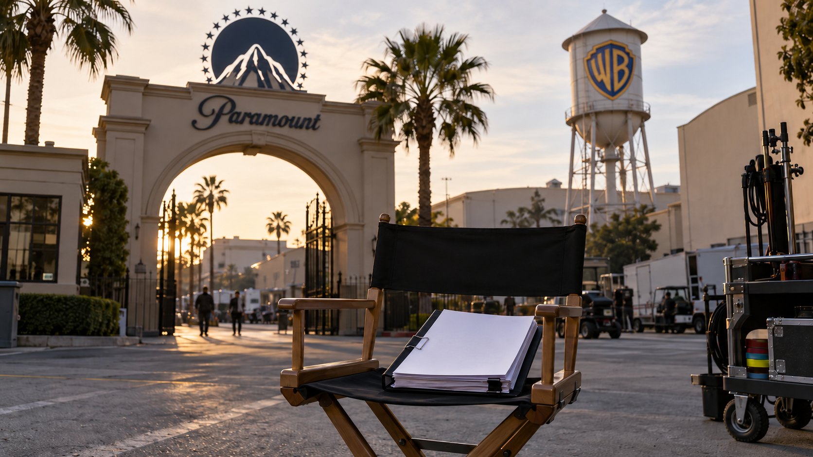 Ilustración editorial generada con IA: el arco de entrada con el logo de Paramount y, a la derecha, el tanque de agua con el escudo de Warner Bros. en un estudio de Hollywood al atardecer, con una silla de director y una carpeta de documentos en primer plano; composición conceptual, no es una fotografía documental.