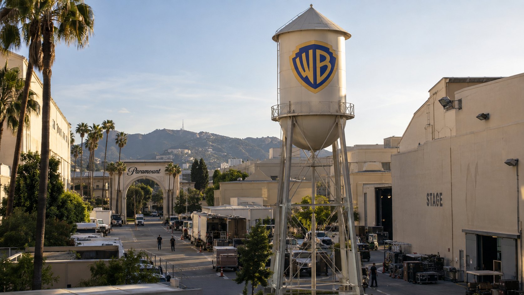 Ilustración editorial generada con IA: el arco de entrada con el nombre Paramount y un tanque de agua con el escudo de Warner Bros. en una calle de estudios de cine de Hollywood, con palmeras y colinas al fondo; composición conceptual, no es una fotografía de un lugar real.
