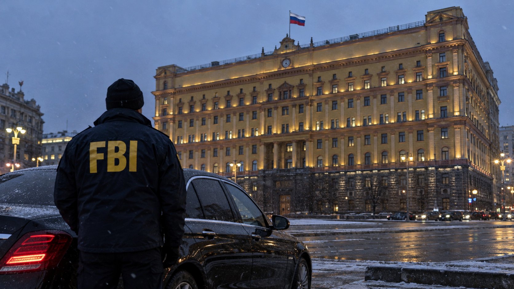 Ilustración editorial generada con IA: el edificio amarillo de la sede del FSB en la plaza Lubianka de Moscú al anochecer, con la bandera rusa, y en primer plano, de espaldas, un agente con campera con la sigla FBI junto a un sedán negro; composición conceptual, no es una fotografía de un viaje real.