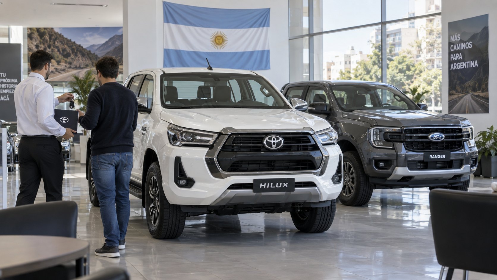 Ilustración editorial generada con IA: pickups Toyota Hilux y Ford Ranger nuevas en el salón de una concesionaria argentina, con un vendedor entregando una carpeta a un cliente y una bandera argentina colgada; composición conceptual, no es una fotografía documental.