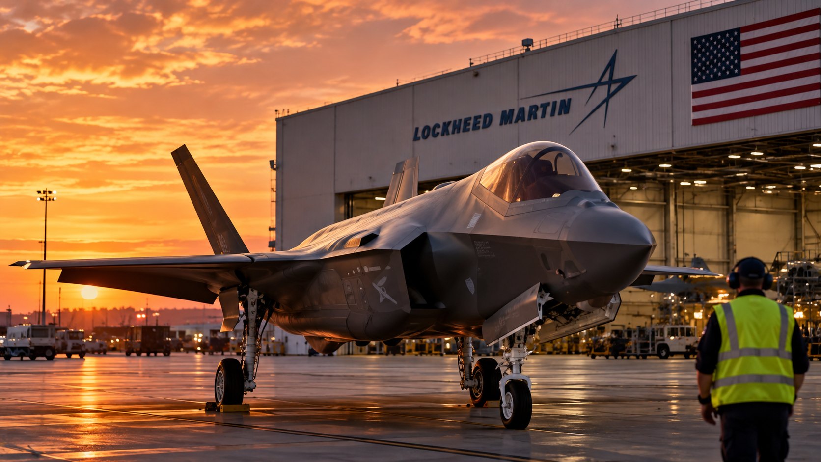 Ilustración editorial generada con IA: un caza F-35 gris estacionado al atardecer frente a un hangar con el logo de Lockheed Martin y una gran bandera de Estados Unidos, con un técnico con chaleco reflectante de espaldas; composición conceptual, no es una fotografía de la planta de Fort Worth ni de un avión real.