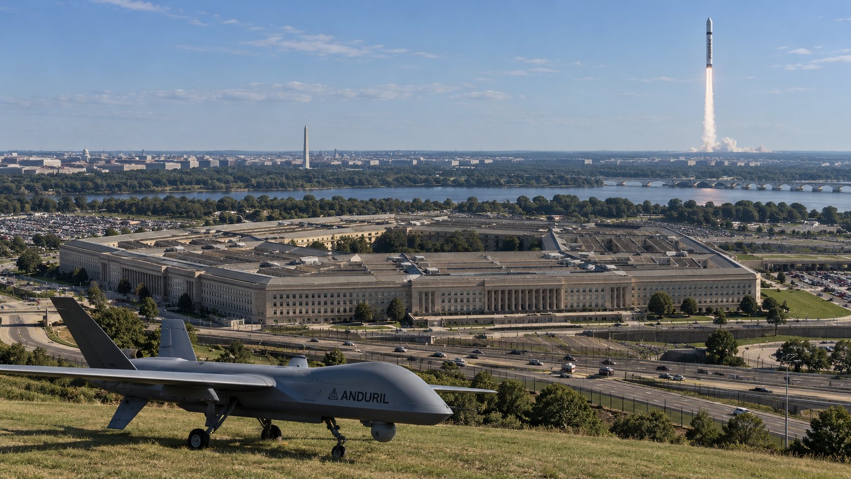Ilustración editorial generada con IA: vista elevada del edificio del Pentágono en Arlington, con un dron militar gris con la inscripción Anduril sobre el pasto en primer plano y un cohete blanco despegando en el horizonte; composición conceptual, no es una fotografía de un hecho real.