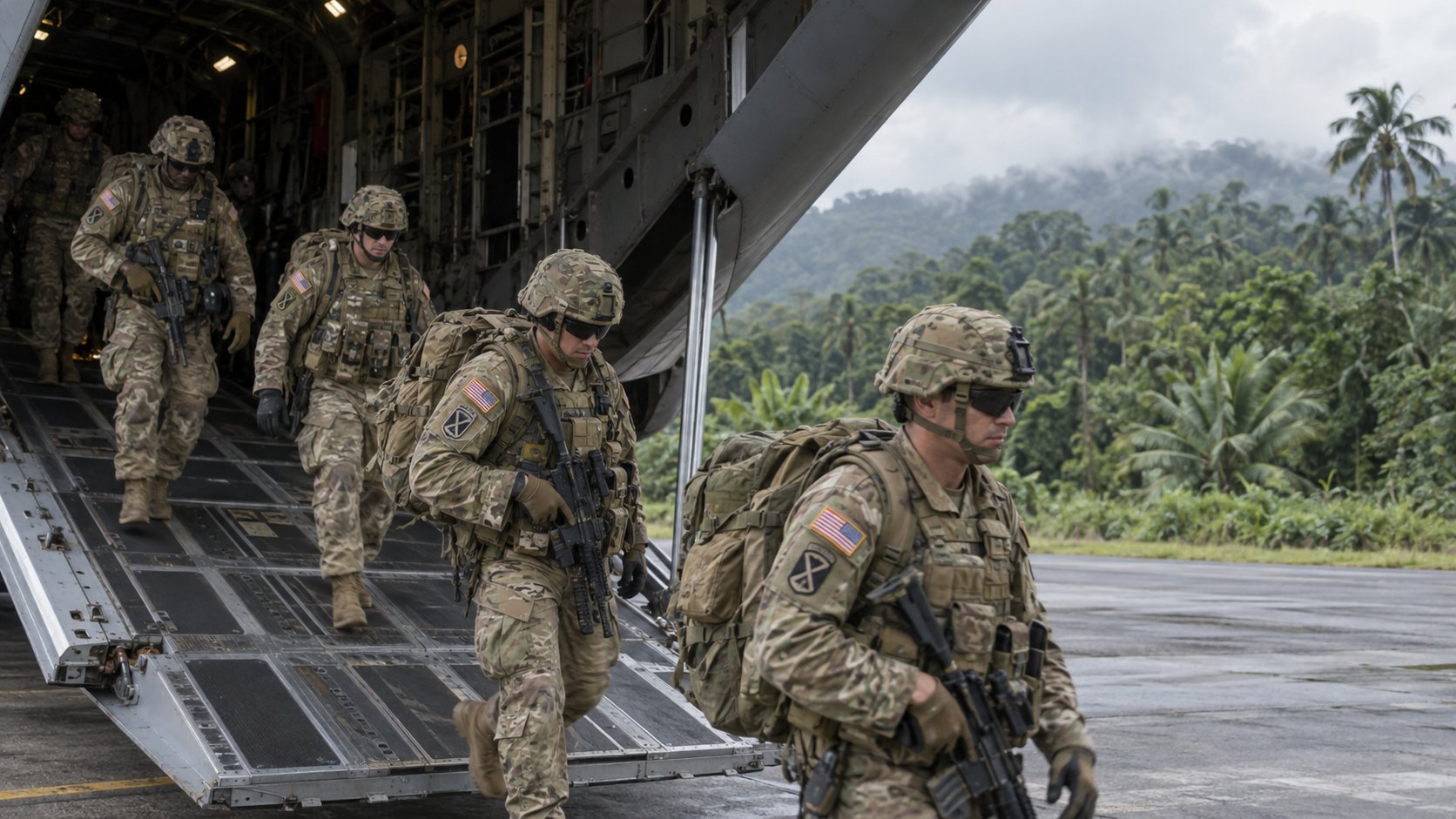 Ilustración editorial generada con IA: soldados del Ejército de Estados Unidos con uniforme de camuflaje, la bandera estadounidense y el parche de la 10.ª División de Montaña en el hombro bajan con mochilas y fusiles por la rampa trasera de un avión de transporte militar en una pista rodeada de selva tropical; composición representativa, no es una fotografía del despliegue en Panamá.