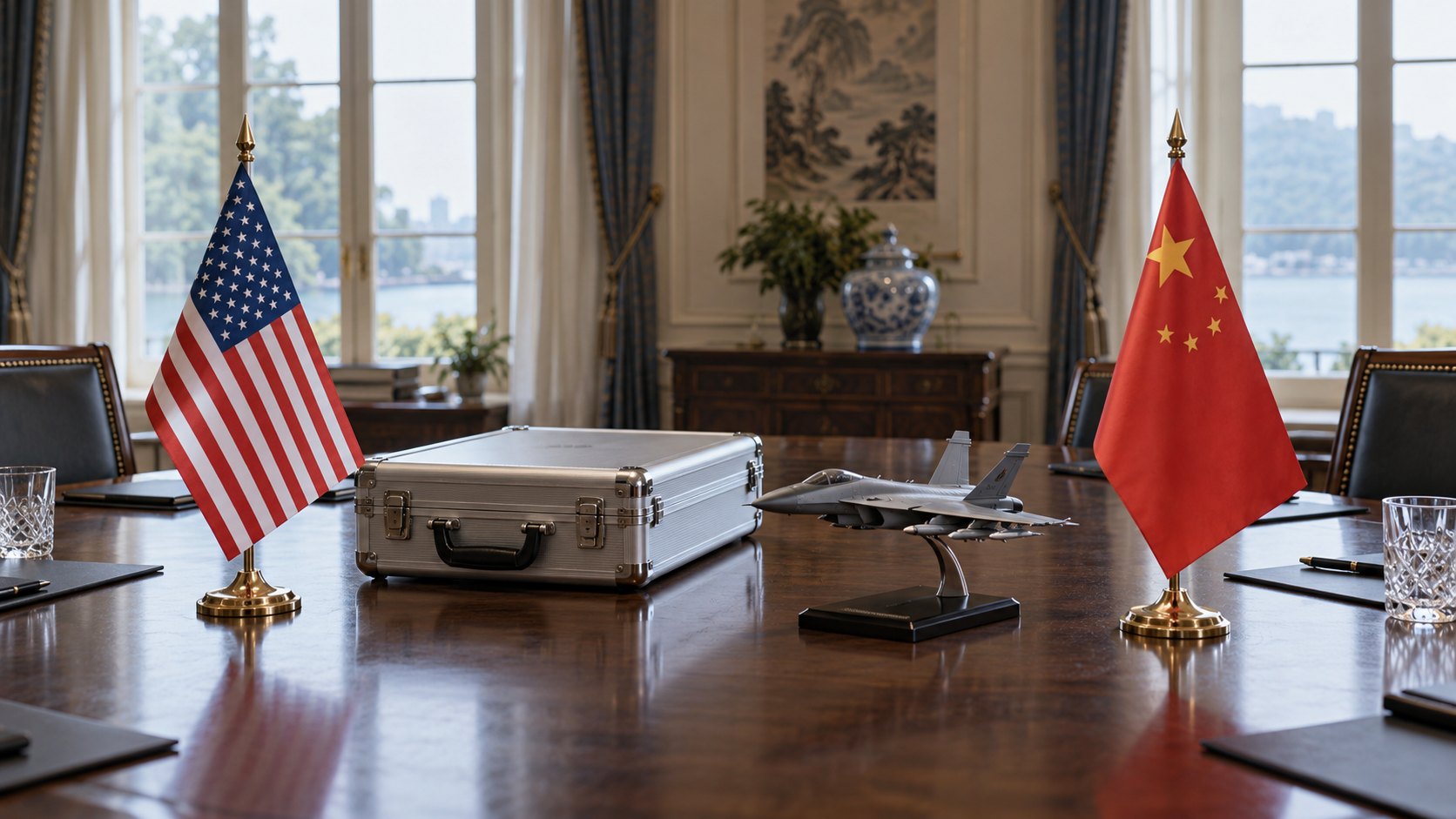 Ilustración editorial generada con IA: banderas de mesa de Estados Unidos y China enfrentadas sobre una mesa de negociación, con un maletín militar cerrado y la maqueta de un avión de combate; composición conceptual, no es una fotografía de una reunión real.