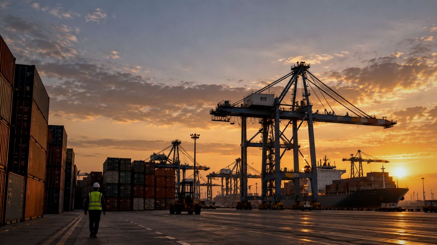 Contenedores de exportación apilados junto a grúas pórtico en una terminal portuaria argentina al atardecer