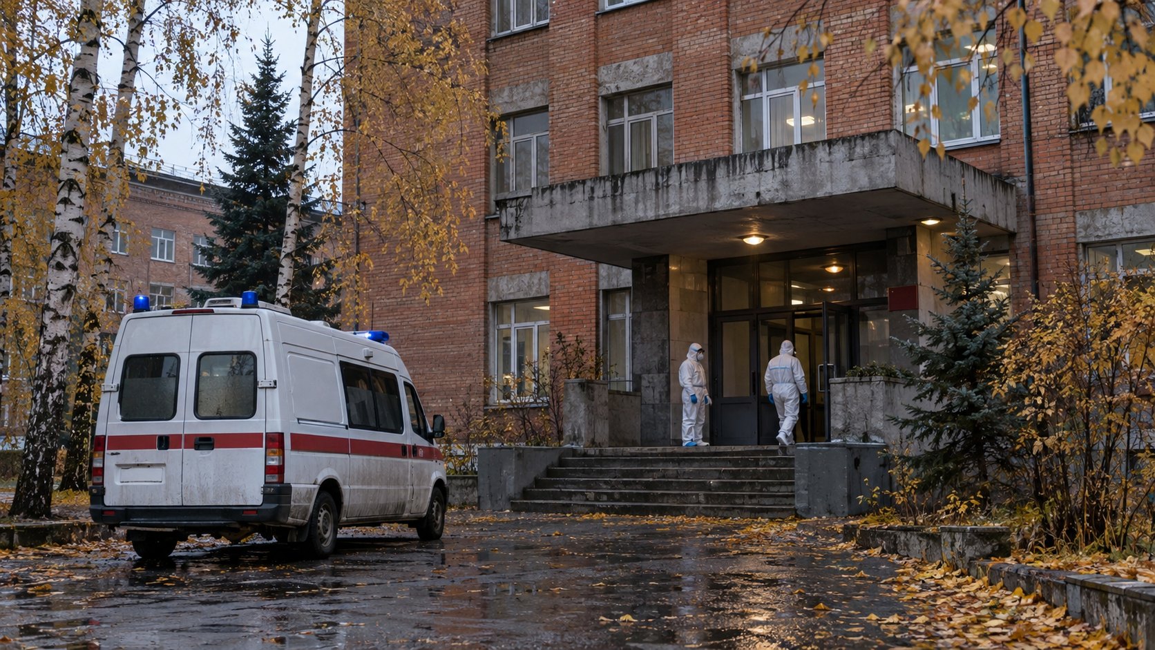Ilustración editorial generada con IA: la entrada de un edificio institucional de ladrillo de época soviética en una ciudad siberiana en otoño, con una ambulancia estacionada y dos trabajadores sanitarios con trajes de protección blancos junto a la puerta; representación genérica, no es el instituto de Irkutsk ni una fotografía del hecho.