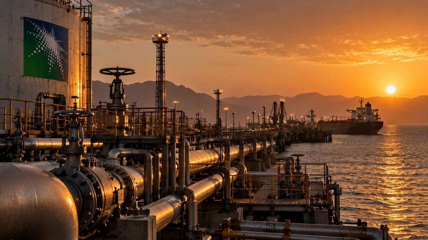Terminal petrolera con tuberías industriales junto al mar, con un petrolero de carga a lo lejos al atardecer