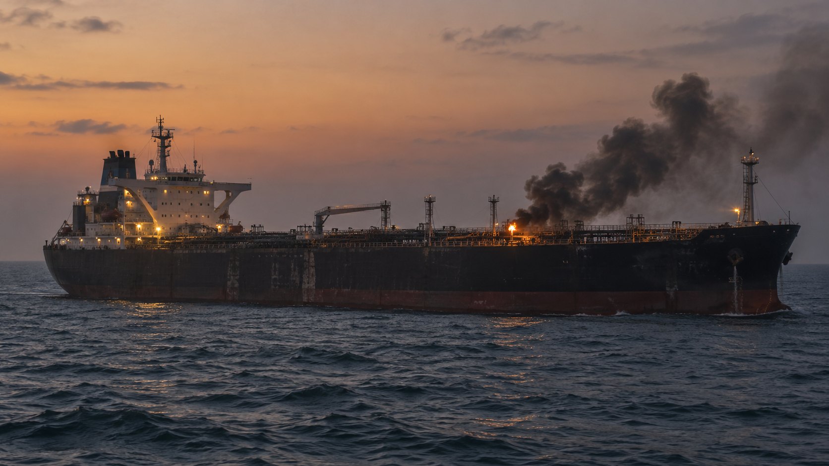 Ilustración editorial generada con IA: un buque tanque en mar abierto en el Golfo Pérsico al anochecer, con humo negro y un foco de fuego sobre la cubierta; composición conceptual, no es una fotografía del Acers ni del ataque.