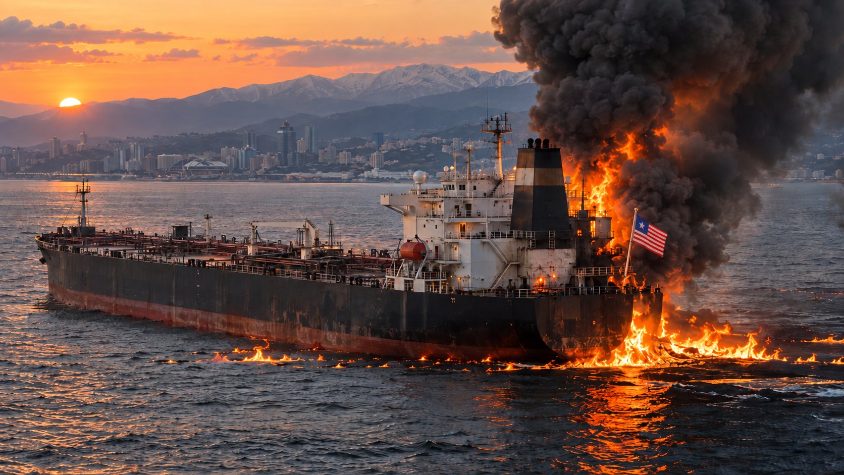 Ilustración editorial generada con IA: un petrolero de casco oscuro con bandera de Liberia arde bajo una columna de humo negro en el mar Negro, con crudo en llamas sobre el agua y la costa de Sochi y las montañas del Cáucaso al fondo; composición conceptual, no es una fotografía del hecho.