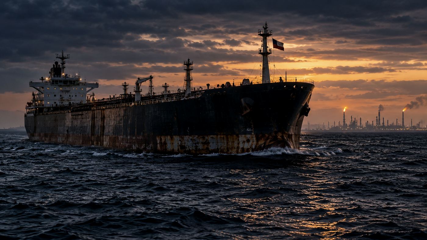 Petrolero oxidado navegando en mar abierto al atardecer, con una refinería petrolera apenas visible en el horizonte