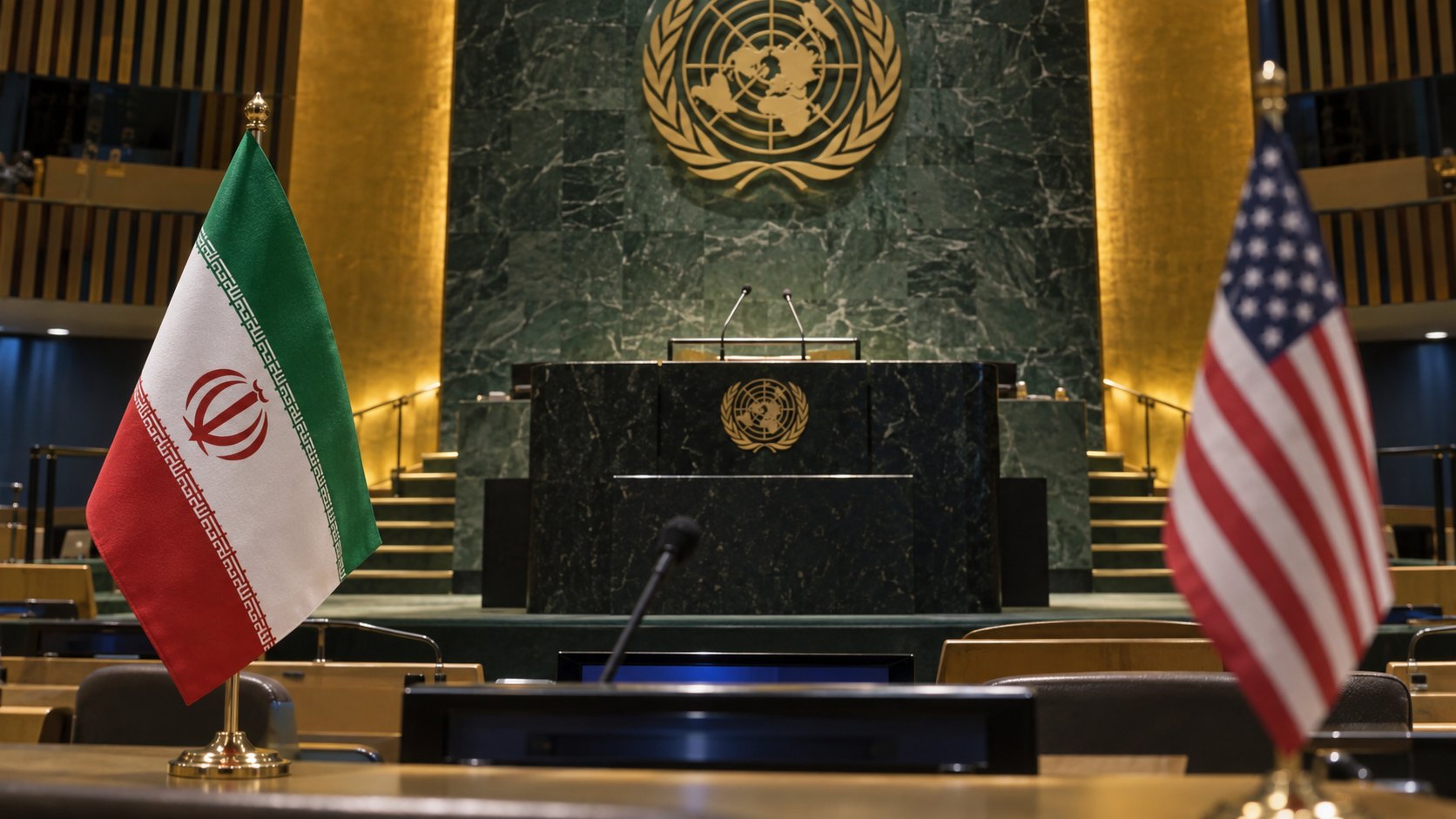 Ilustración editorial generada con IA: banderas de mesa de Irán y de Estados Unidos enfrentadas en la sala de la Asamblea General de la ONU, con el estrado vacío y el emblema de Naciones Unidas al fondo; no es una fotografía del discurso.