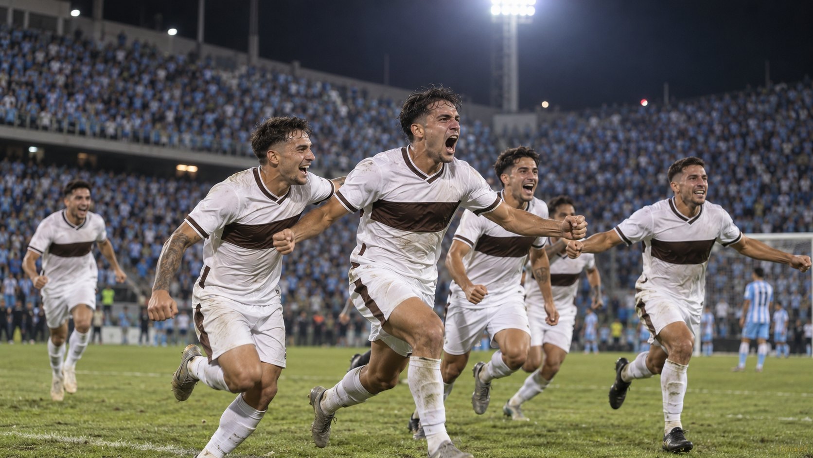 Ilustración editorial generada con IA: jugadores de Platense, con camiseta blanca y banda marrón, corren a festejar de noche bajo los reflectores de un estadio colmado de hinchas de Atlético Tucumán vestidos de celeste y blanco; composición conceptual, no es una fotografía del partido.