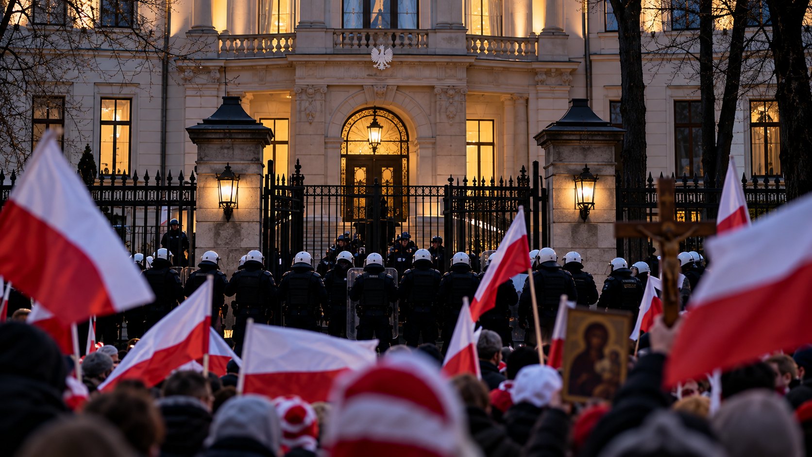 Ilustración editorial generada con IA: policías antidisturbios custodian la entrada del Tribunal Constitucional de Polonia en Varsovia mientras manifestantes con banderas polacas protestan al atardecer; no es una fotografía del hecho.