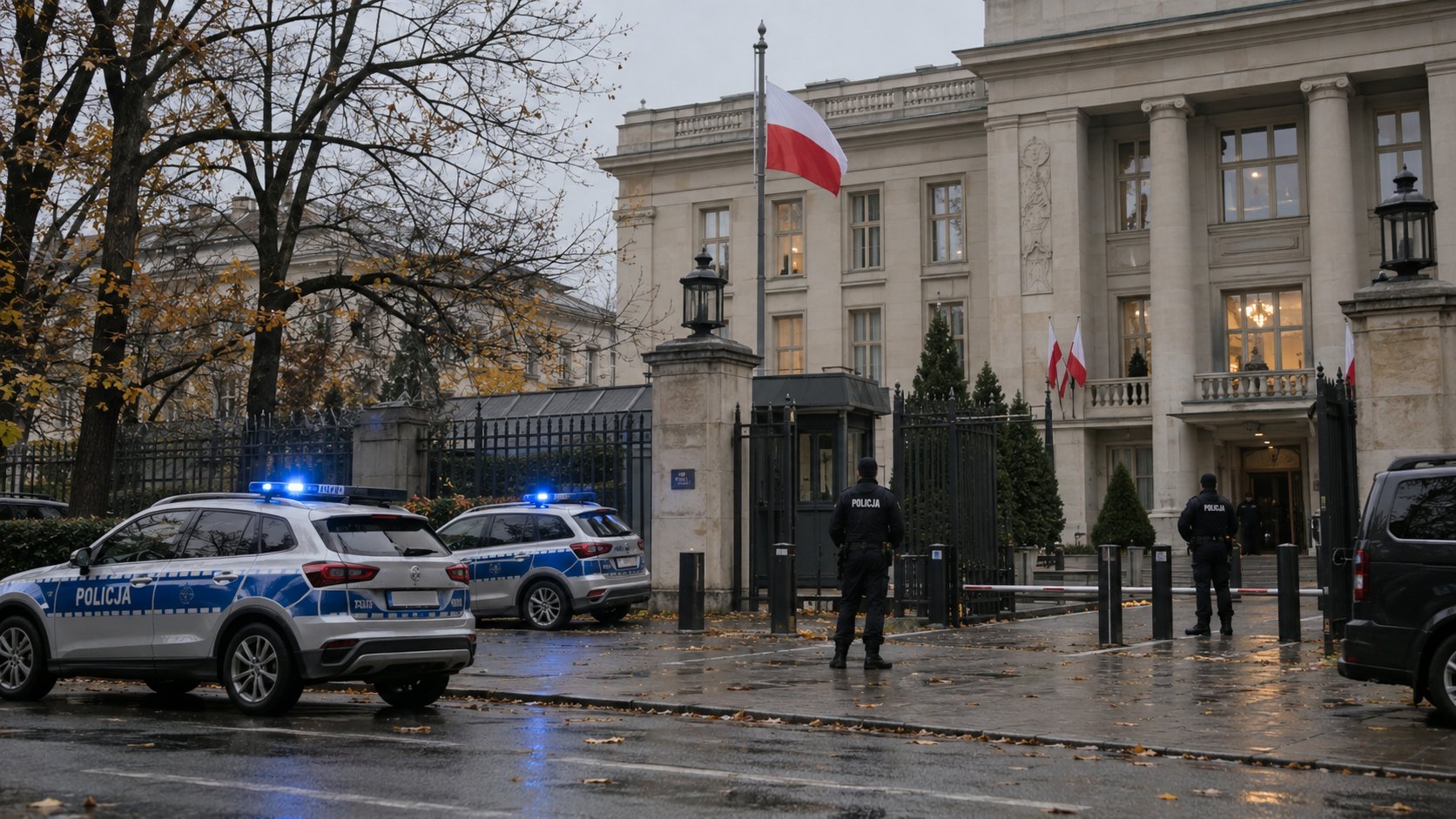 Ilustración editorial generada con IA: dos patrulleros de la policía polaca con las balizas encendidas y agentes de uniforme custodian la entrada de un edificio oficial en Varsovia con la bandera de Polonia, en una tarde gris de otoño; composición conceptual, no es una fotografía de la Cancillería ni del 11 de octubre.