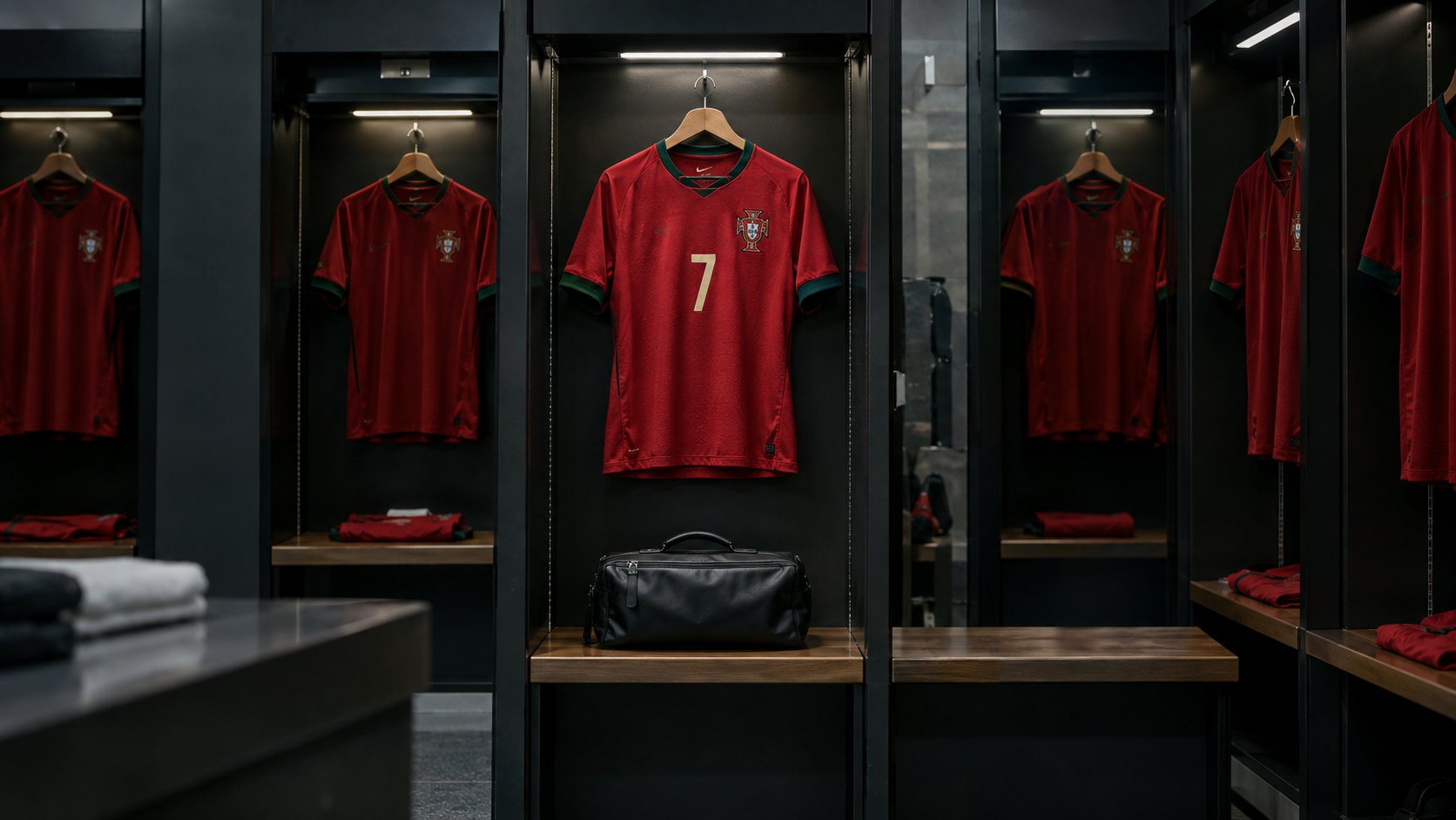 Ilustración editorial generada con IA: una camiseta roja de la selección de Portugal con el número 7 colgada sola en un vestuario vacío, con un bolso de viaje en el banco; composición conceptual, no es una fotografía del vestuario de Portugal.