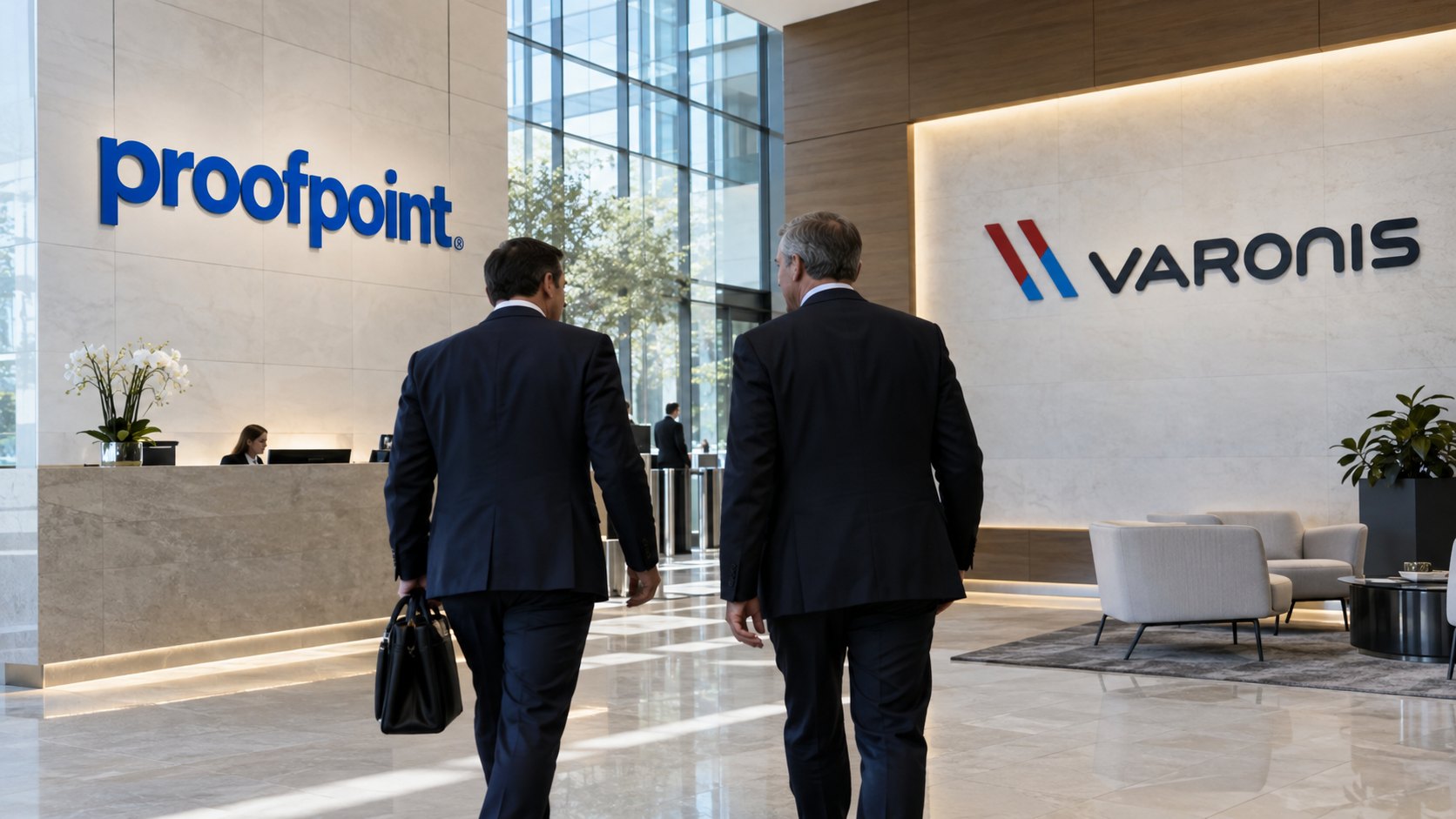 Ilustración editorial generada con IA: en un vestíbulo corporativo moderno, el logotipo de Proofpoint en una pared y el de Varonis en la pared contigua, con dos ejecutivos de traje de espaldas cruzando el hall; composición conceptual de la compra, no es una fotografía de una oficina real de ninguna de las dos empresas.