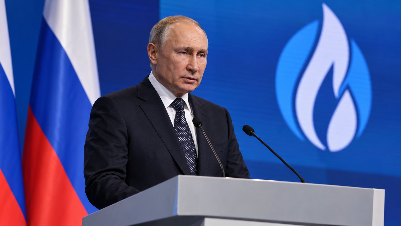 Ilustración editorial generada con IA: Vladimir Putin habla en un atril, con banderas de Rusia detrás y una pantalla azul con el ícono de una llama de gas; composición representativa, no es una fotografía de la cumbre del GECF ni reproduce su logo oficial.
