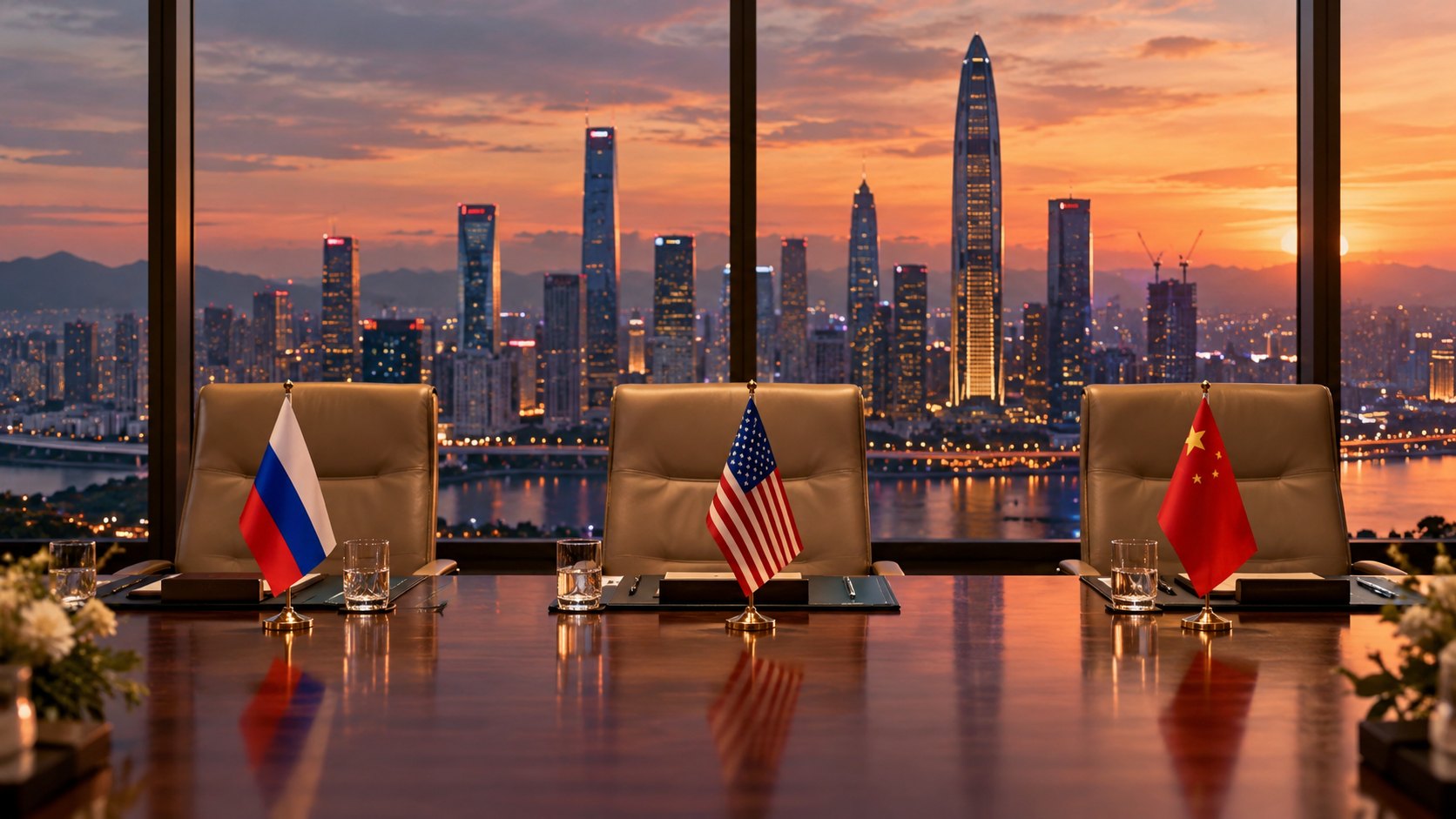 Ilustración editorial generada con IA: una mesa de negociación vacía con tres sillas y las banderas de Rusia, Estados Unidos y China frente a un ventanal con el horizonte de Shenzhen al atardecer; composición conceptual, no es una fotografía de una reunión real.