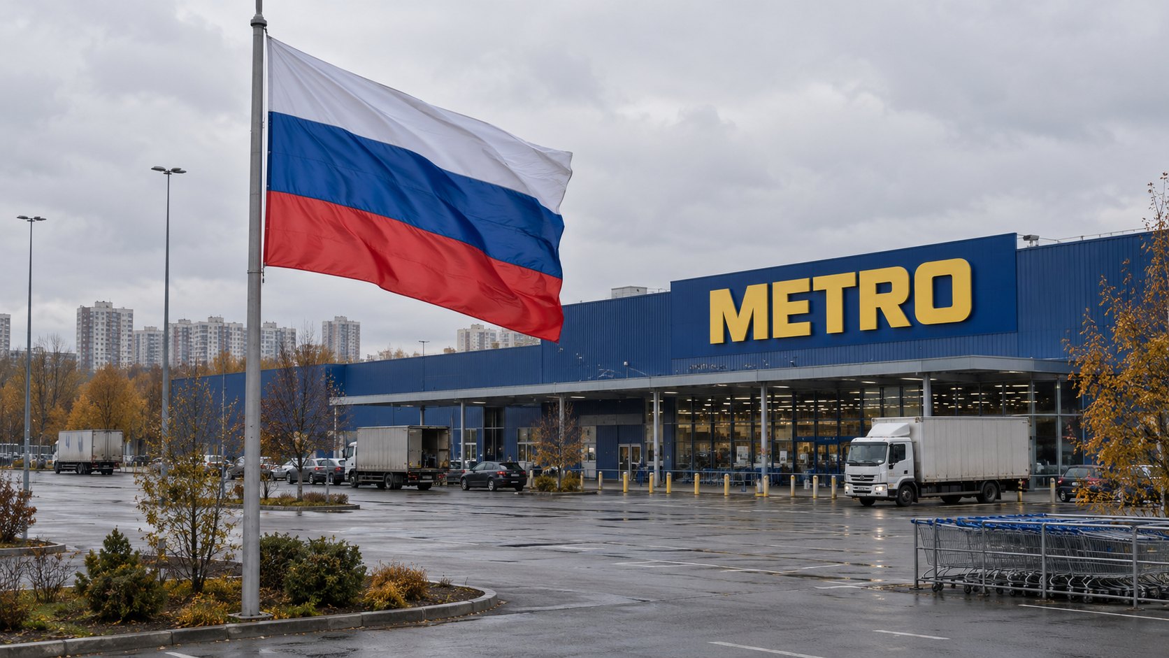 Ilustración editorial generada con IA: una bandera de Rusia flamea frente a un hipermercado mayorista con el cartel de Metro en las afueras de una ciudad rusa, bajo un cielo nublado; composición conceptual, no es una fotografía de una tienda ni del decreto.