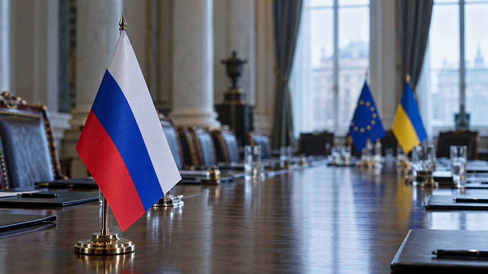 Ilustración editorial generada con IA: una bandera de mesa de Rusia en primer plano ante una larga mesa de negociación vacía, con banderas de la Unión Europea y de Ucrania al fondo; composición conceptual, no es una fotografía de un hecho real.